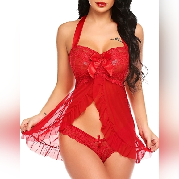 𝅺size Small thru 5X - Red Babydoll with Bow and Matching Thong Panty - Picture 1 of 3